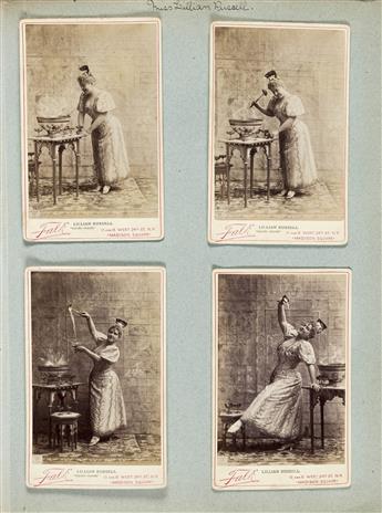 (CABINET CARDS--THEATER) Set of two albums containing approximately 330 theatrical cabinet cards depicting famous late 19th-century Bro